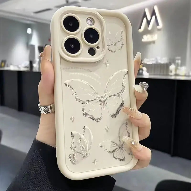 Pink Butterfly Silicone Case for iPhone 17 16 15 14 13 12 11 Pro Max Plus