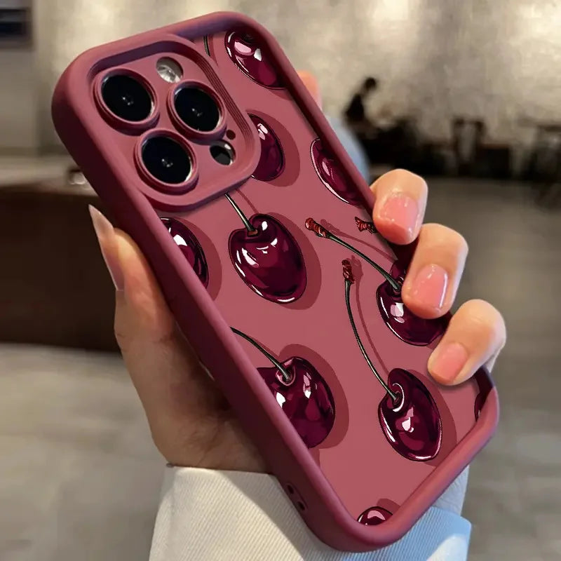 Luxury Wine Red Cherry Case for iPhone 16 15 17 14 13 12 11 Pro Max 7 8 Plus