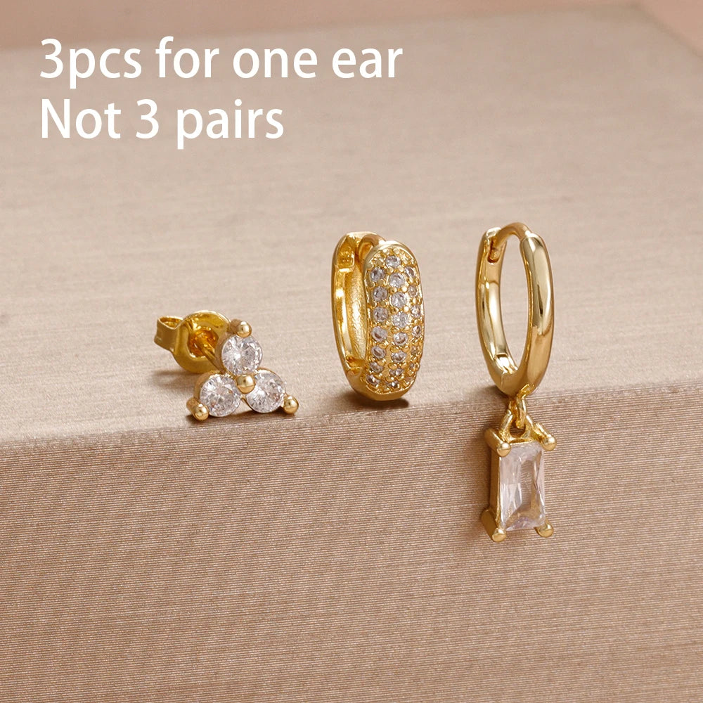 3PCS Fashion Simple Zircon Hoop Earrings Set Stainless Steel Punk