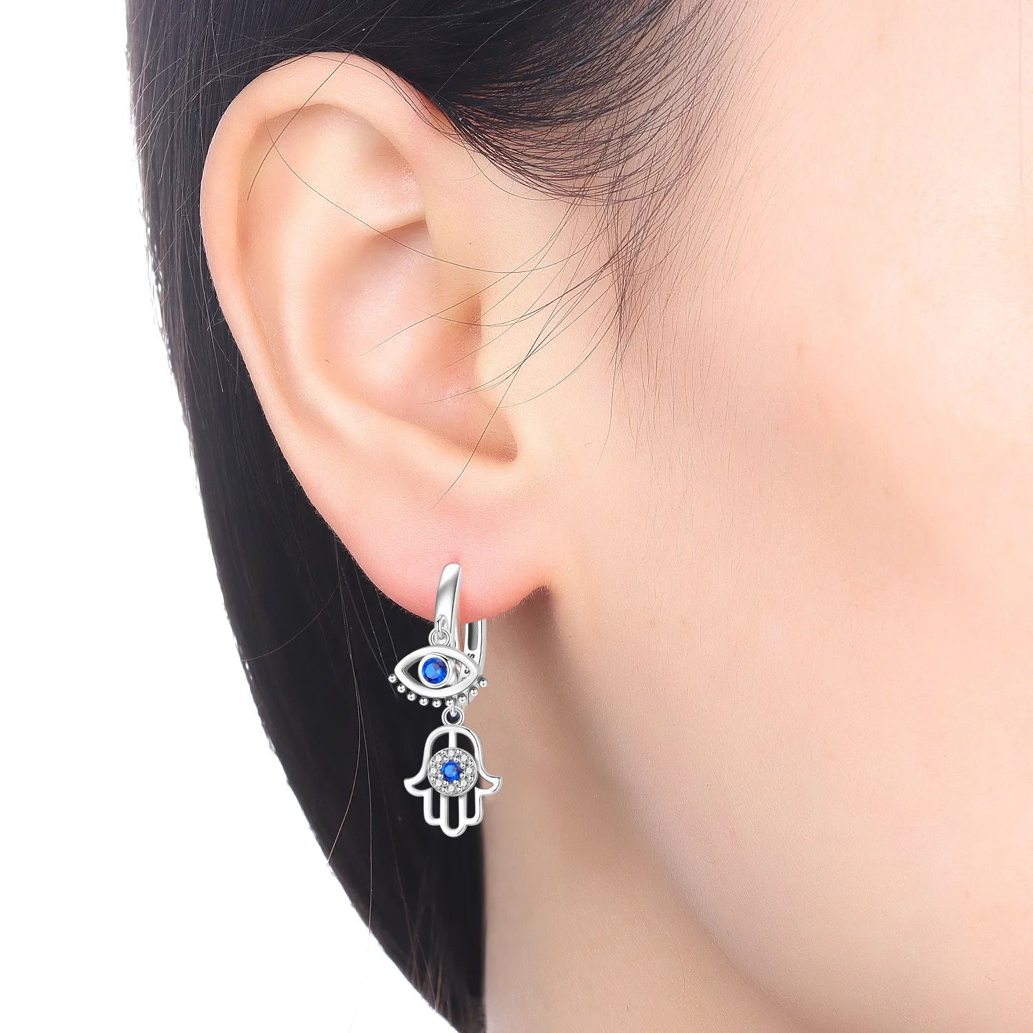 925 Sterling Silver Fatima's Hand Devil's Eye Drop Earrings Trendy Jewellery
