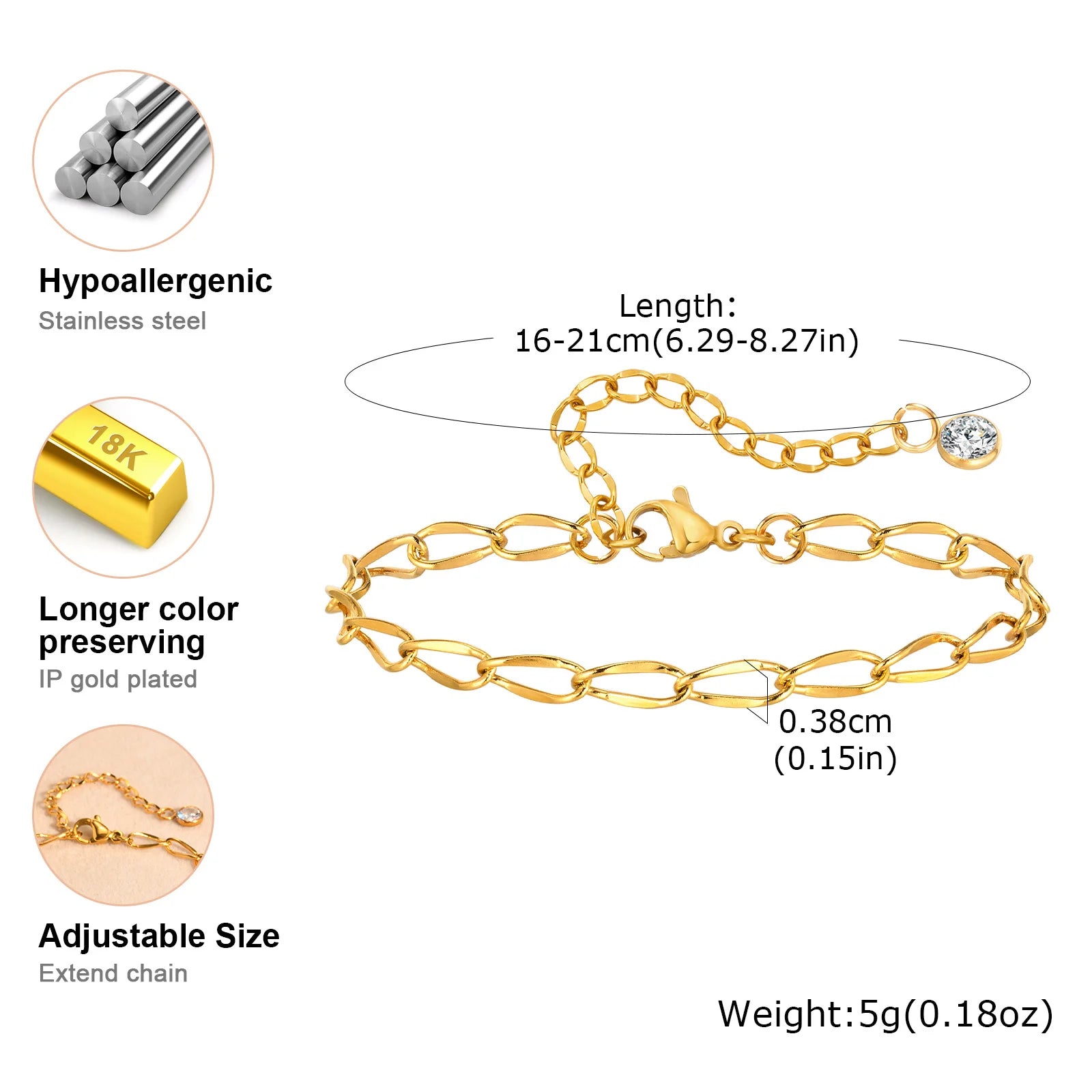 Gold Plated Link Bracelet for Women, Stainless Steel Stackable Chain Wristband, Adjustable Waterproof Jewelry