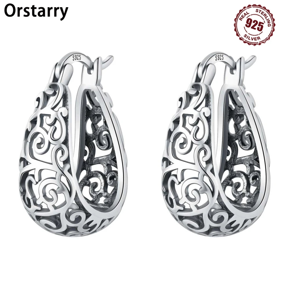 925 Sterling Silver Vintage Vine Versatile Hoop Earrings Fine Birthday Gift