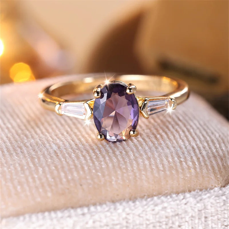 Charm Oval Purple Stone Rings For Women Minimalist Gold Color Zircon Wedding Bands Stacking Engagement Finger Ring Jewelry Gifts