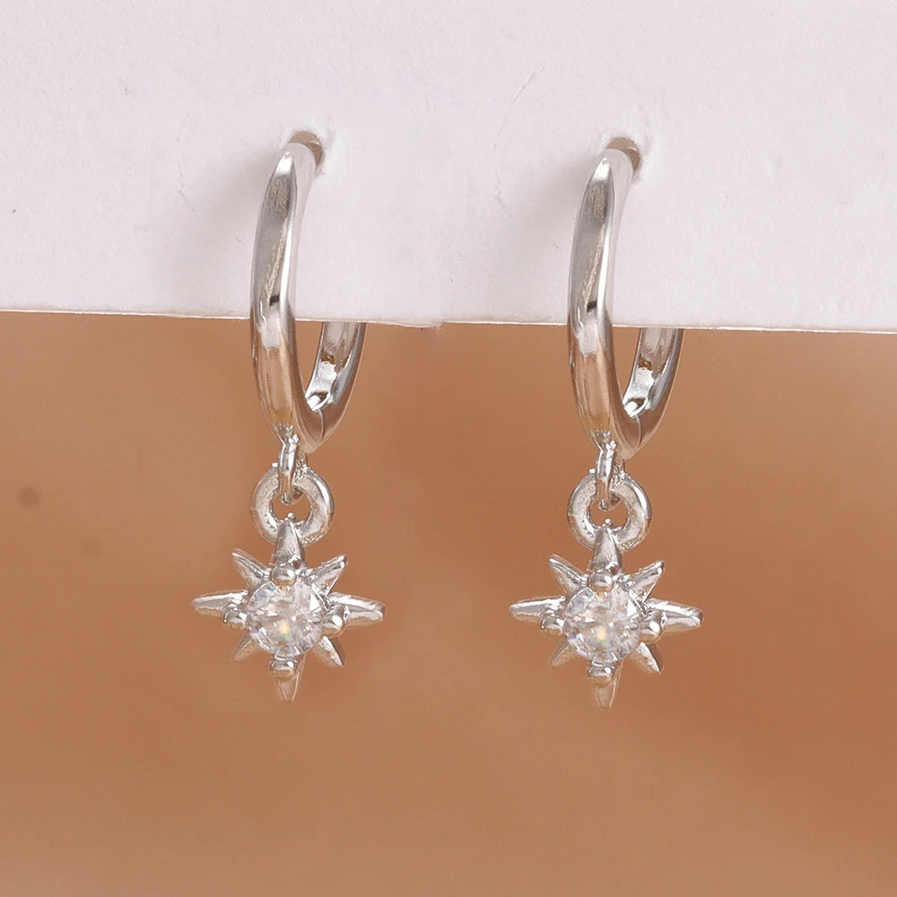 Luxury Stainless Steel Star Dangle Earrings Zircons Geometric Piercing