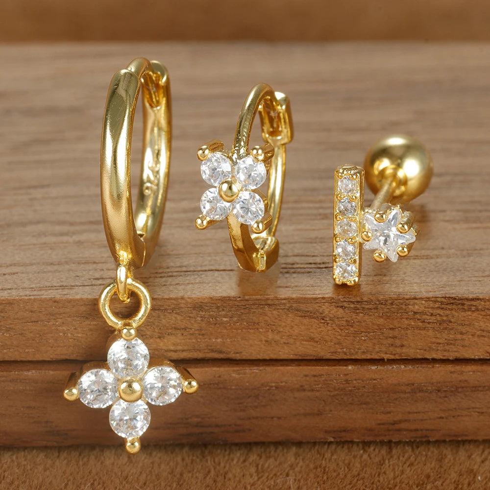 3PCS Four Flower Zircon Little Hoop Earring Star Cartilage Piercing