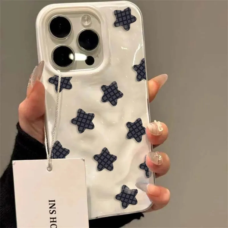 Black Checkered Star Case for iPhone 16 17 15 14 13 12 11 Pro Max Plus Soft