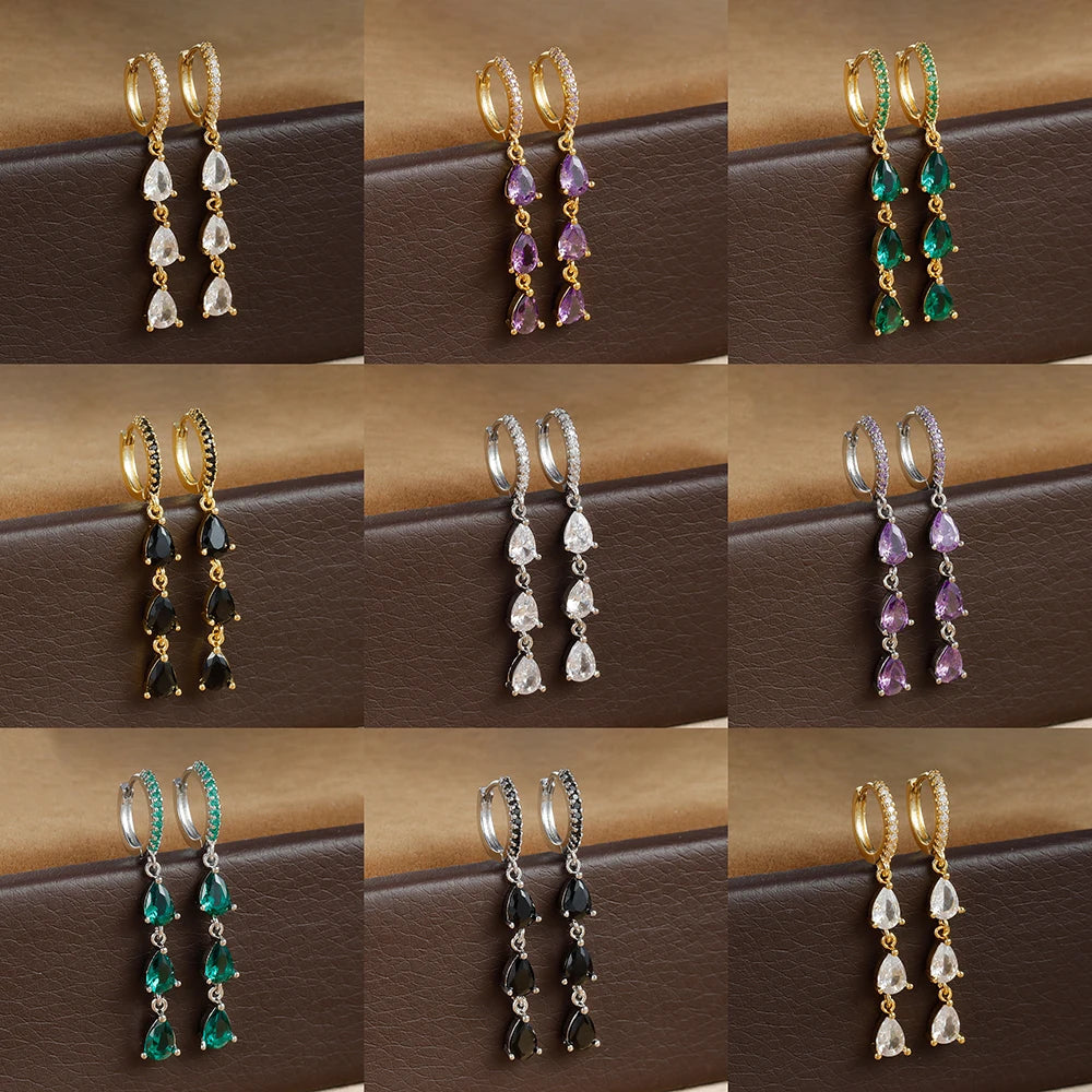 2PCS Luxury Stainless Steel Water Drop Pendant Earrings CZ Zircon
