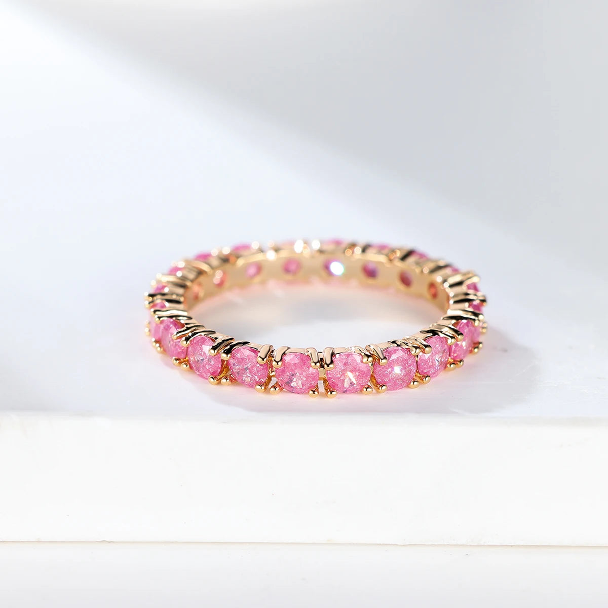 Fashion Single Row Stone Blue Green Pink Ice Flower Zircon Stacking Engagement Rings For Women Gold Color Round Wedding Bands