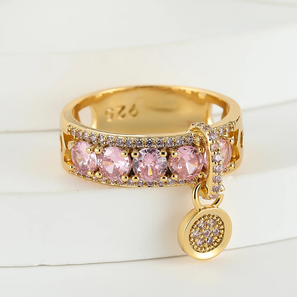 Luxury Female Rose Red Stone Wedding Rings For Women Engagement Jewelry Cute Pink Zircon Round Dangle Ring Christmas Day Gifts