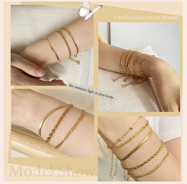 Gold Plated Bracelets Set for Women, 5pcs Chain Link Stainless Steel Statement Bracelet Stackable Layered Jewelry Adjustable