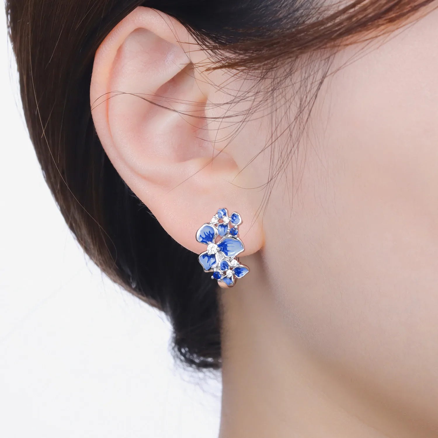 925 Sterling Silver Blue Iris Flower Hoop Earrings Anniversary Jewellery Gift