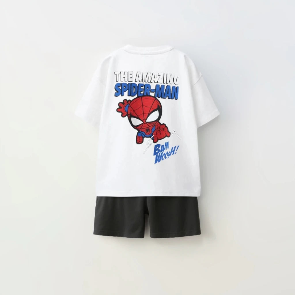Kids Spiderman Print Sports T-Shirt & Loose Shorts Set Cartoon Summer Outfit