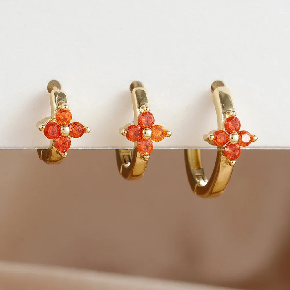 3PCS Simple Flower Zircon Hoop Earrings 18K Gold Plated Steel