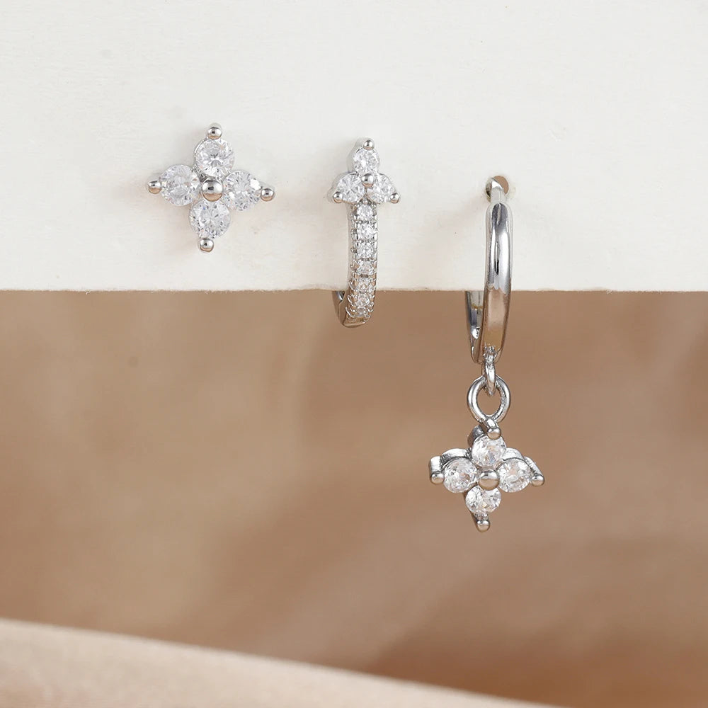 3PCS Fashion Stainless Steel Flower Small Hoop Earrings Set 18K Gold