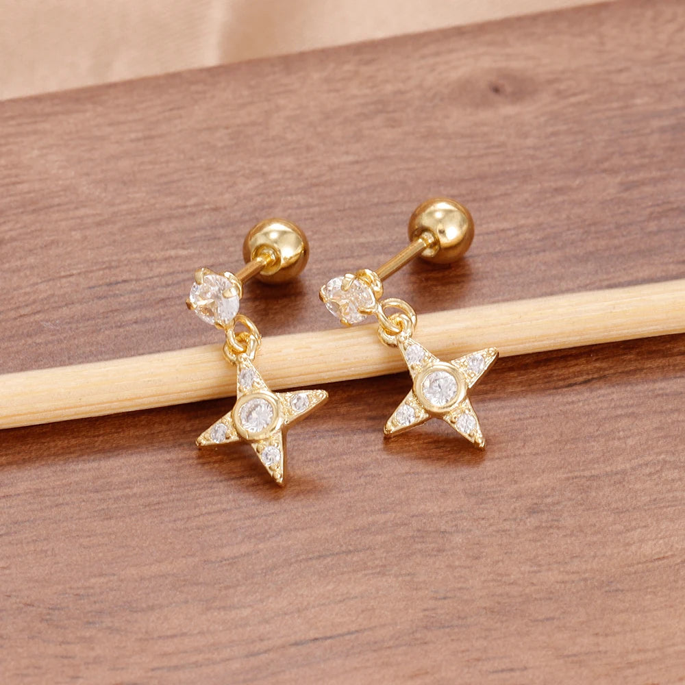 Luxury Stainless Steel Star Dangle Earrings Zircons Geometric Piercing