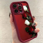 Wine Red & White Rose Case for iPhone 16 15 14 13 12 11 Pro Max XR 7 8 Plus