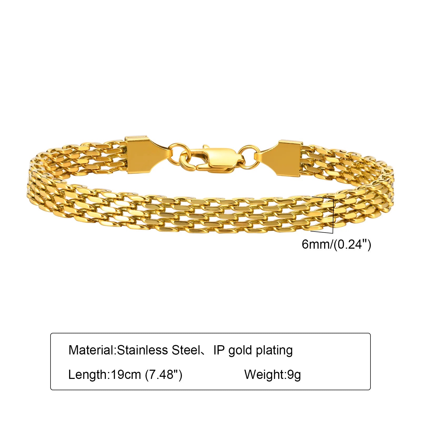 6mm Waterproof Mesh Link Chain Bracelet For Women, 18k Gold Plated Stainless Steel Adjustable, Non Tarnish Jewelry 17cm-21cm