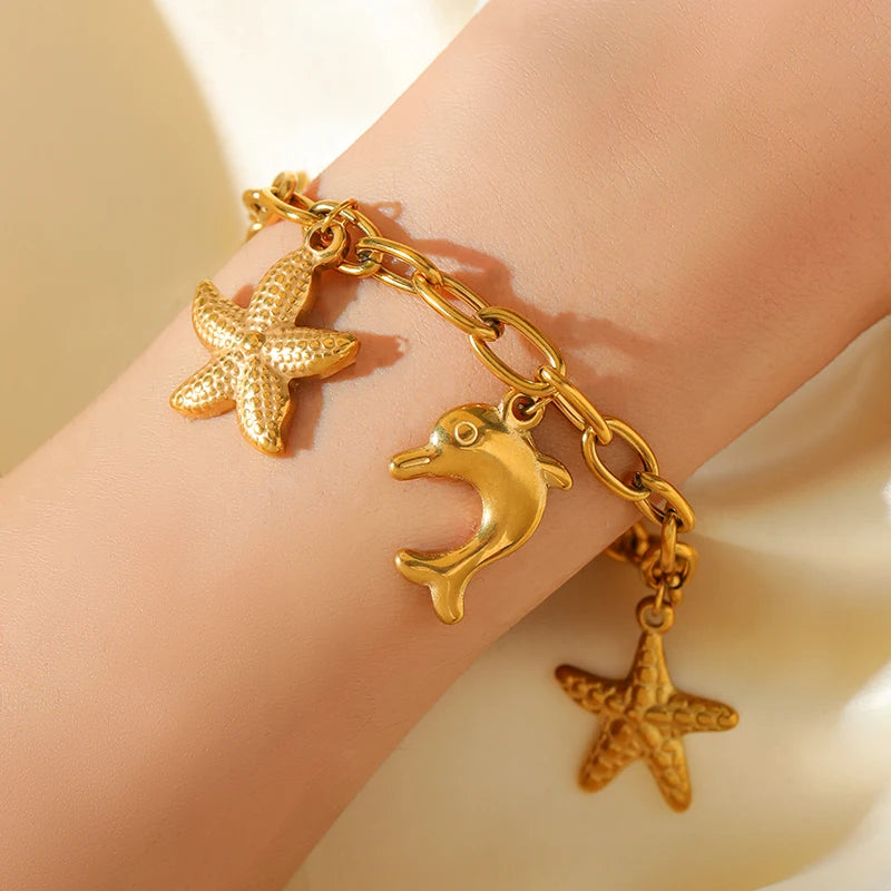 Golden Sun Moon Starfish Stainless Steel Bracelet Handmade Wrist Chain