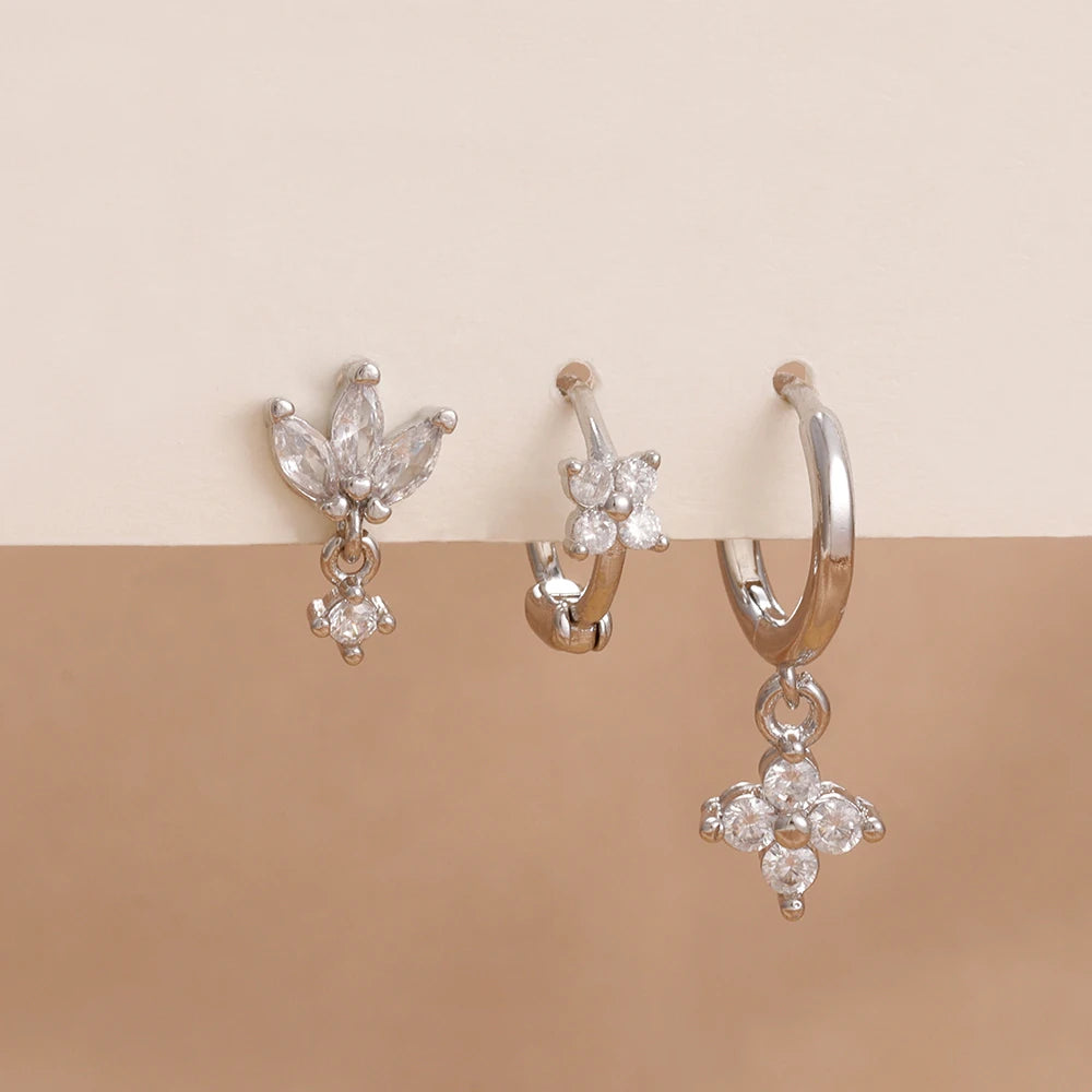 3PCS Stainless Steel Zircon Flower Hoop Earrings Gold Plated Huggies