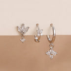 3PCS Stainless Steel Zircon Flower Hoop Earrings Gold Plated Huggies