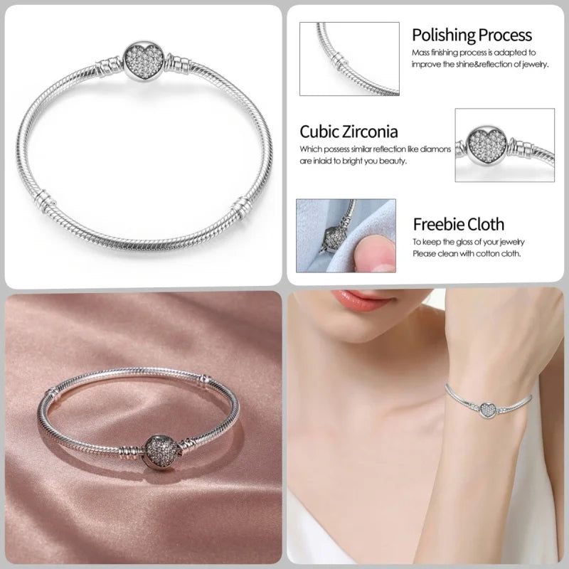 925 Silver 17-20CM Heart Pave Zirconia Original Bracelets Infinity Bracelet Fit DIY Charms Bead Birthday Jewelry Gifts Hot Sale