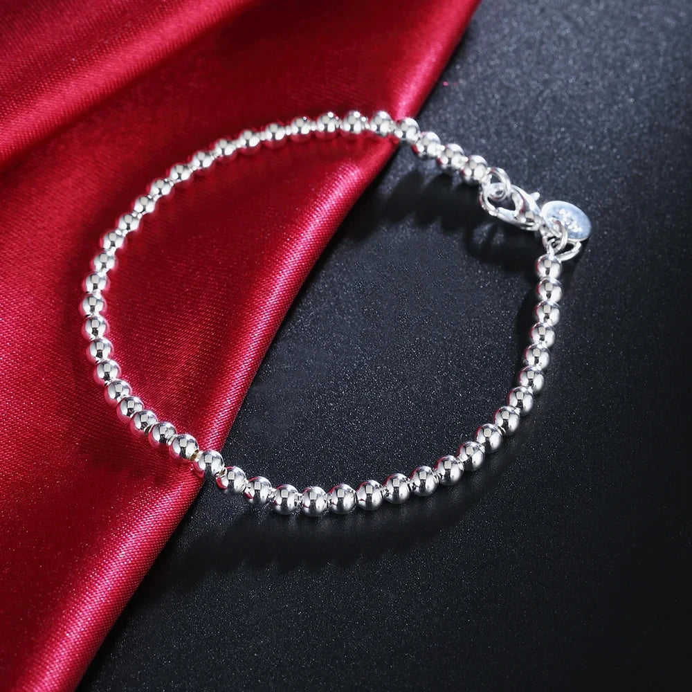 4mm Beads Chain Bracelet 925 Sterling Silver Women Wedding Party Jewellery