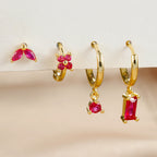 4PCS Green Crystal Zircon Stainless Steel Hoop Earrings Square Set