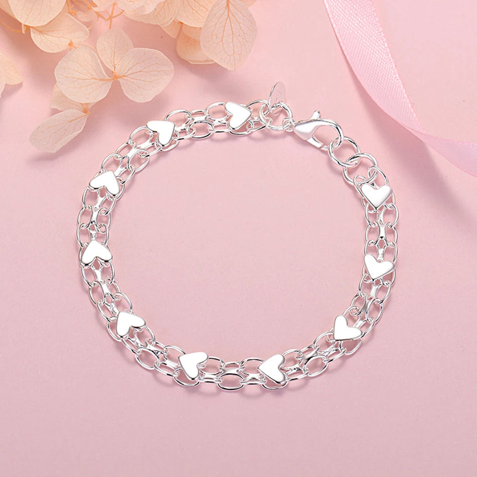 Romantic Heart Bracelet 925 Sterling Silver Women Valentine's Day Gift