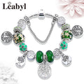 Silver Colour Tree of Life Bead Bracelet Green Leaf Crystal Charm Bangle