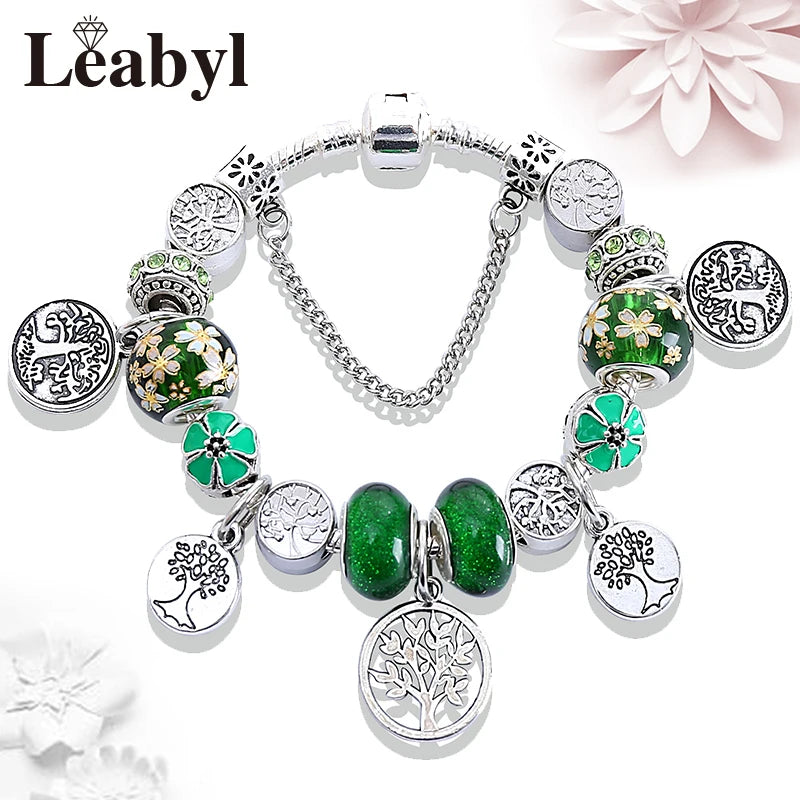 Silver Colour Tree of Life Bead Bracelet Green Leaf Crystal Charm Bangle