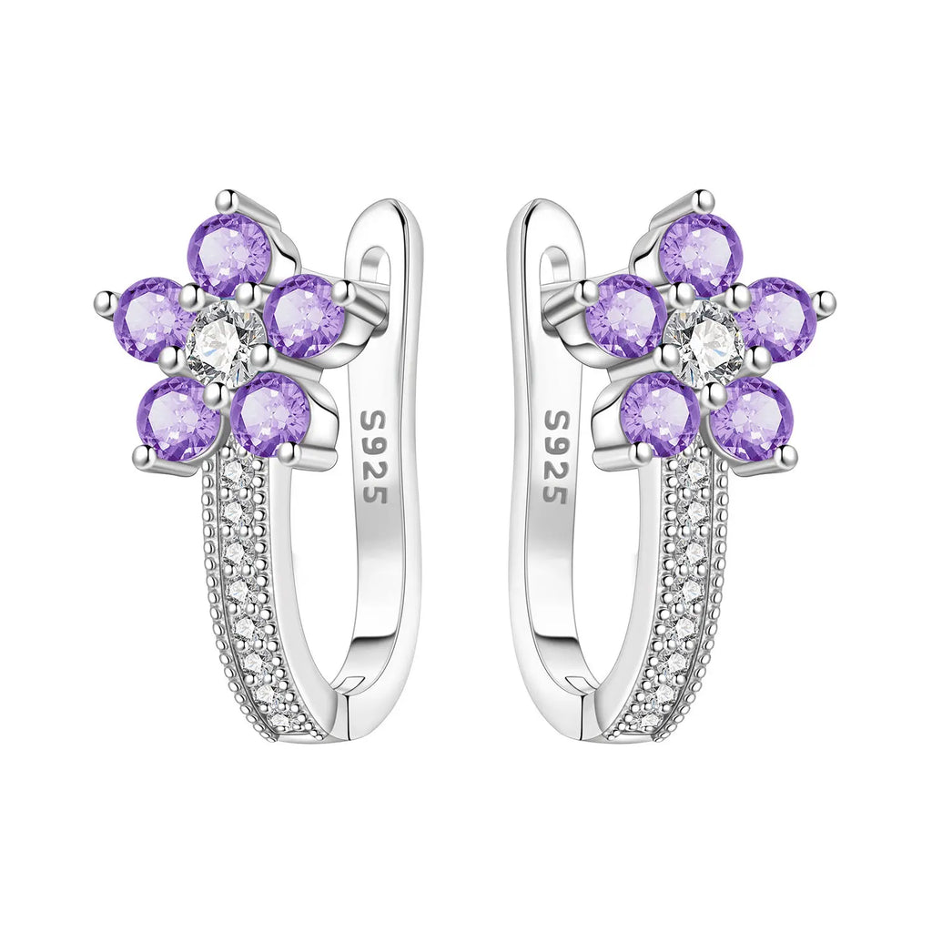 925 Sterling Silver Purple Flowers Versatile Hoop Earrings Fine Birthday Gift