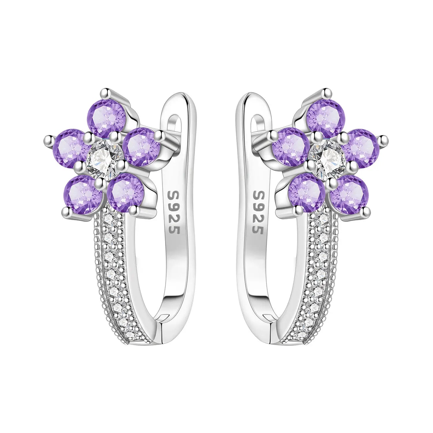 925 Sterling Silver Purple Flowers Versatile Hoop Earrings Fine Birthday Gift