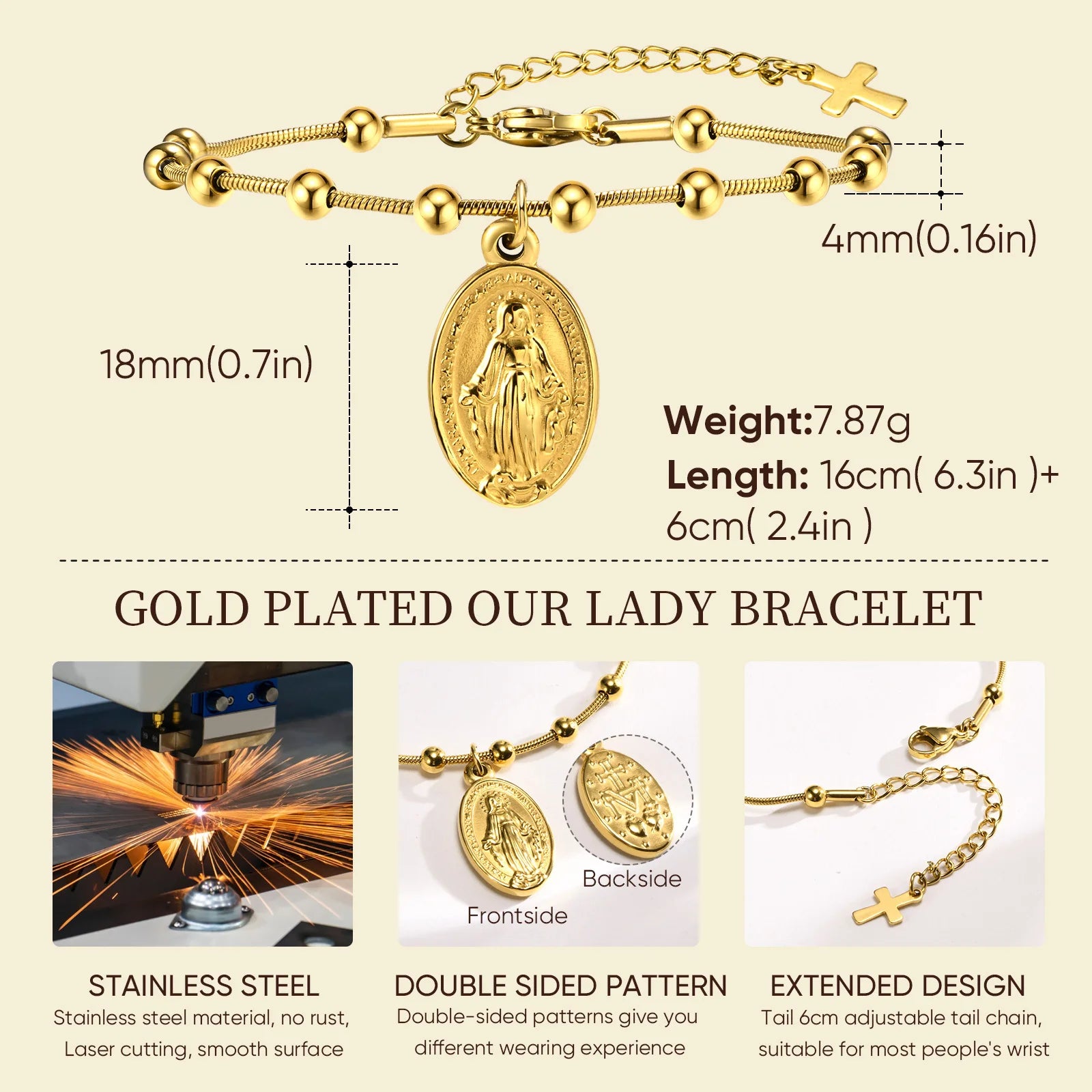 18k Gold Plated Virgin Mary Bracelet Gold Plated, Rosary Bead Cross Bracelets For Women, Stainless Steel Faith Jewelry