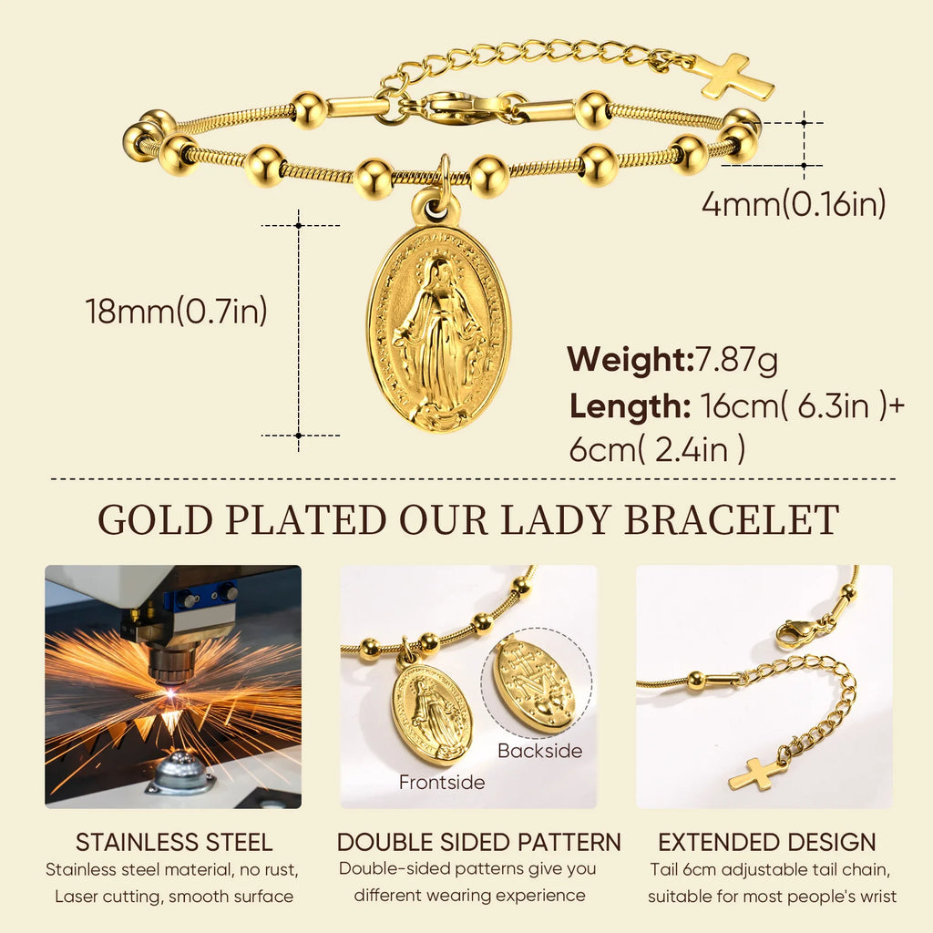 Virgin Mary Rosary Cross Bracelet for Women, Beaded Chain Stainless Steel Adjustable, Religious Jewelry