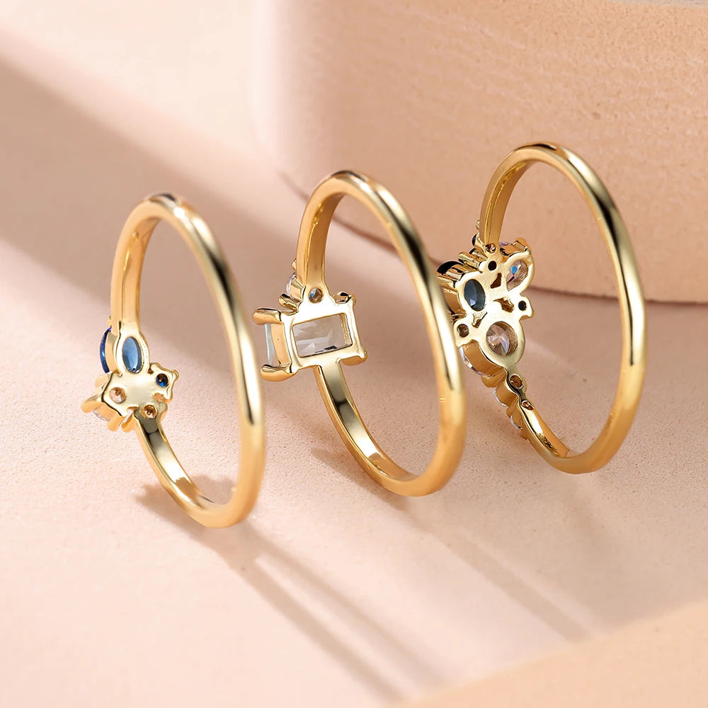 Luxury Royal Blue Purple White Zircon Triple Ring Set Rose Gold Color Stacking Thin Rings For Women Bridal Wedding Bands Jewelry