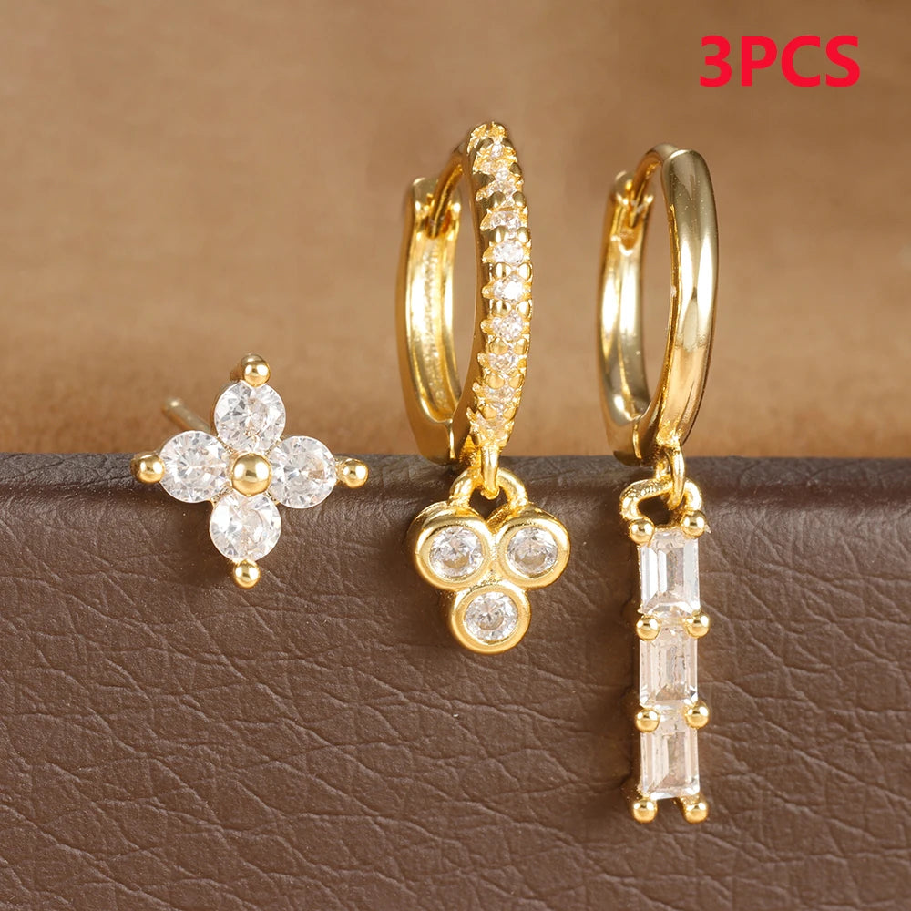 3PCS Vintage Stainless Steel Flowers Huggies Hoop Earrings Zircon