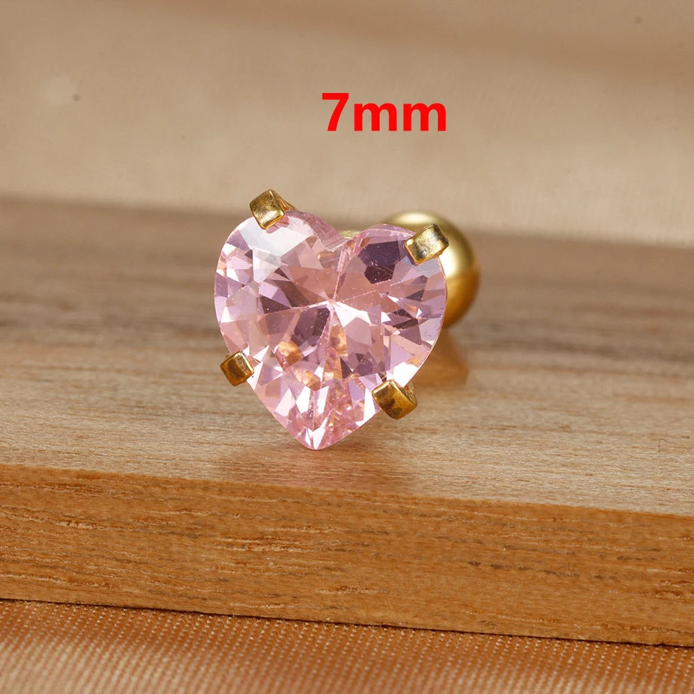 1PC Simple Pink Cubic Zirconia Heart Small Stud Earrings Steel
