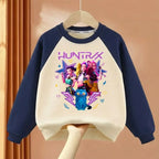 Girls O-Neck Spliced Long Sleeve Hoodies Cartoon Print Casual Pullovers