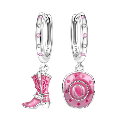 925 Sterling Silver Pink Denim Hat Boots Key Lock Drop Earrings Jewellery