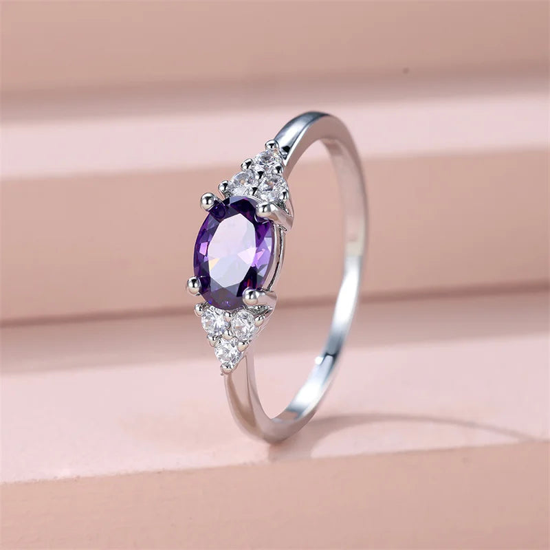 Female Charm Oval Purple White Zircon Minimalist Stacking Thin Rings For Women Party Wedding Bands Mothers Day Jewelry Gifts CZ