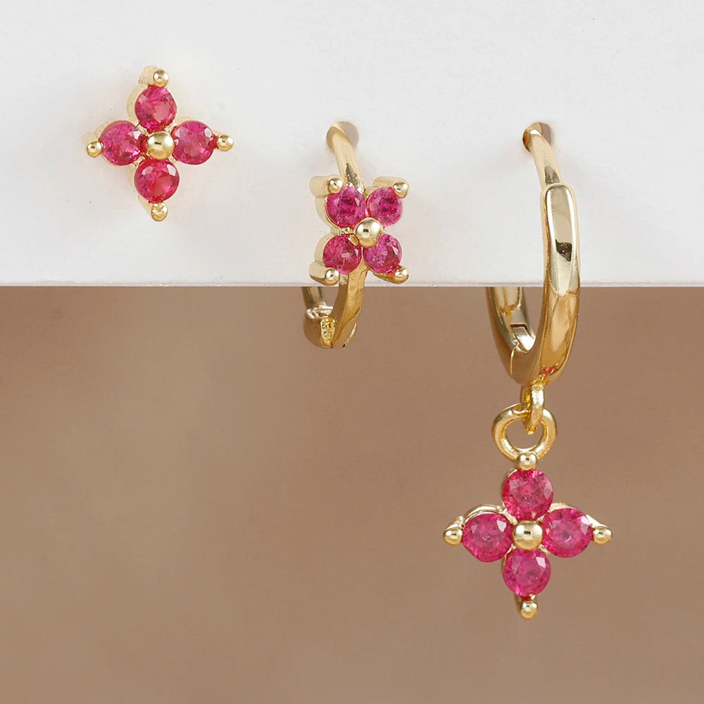 3PCS Stainless Steel Rose Red Zircon Flower Dangle Earring 18K Gold