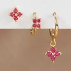 3PCS Stainless Steel Rose Red Zircon Flower Dangle Earring 18K Gold
