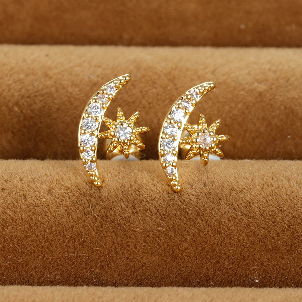 Vintage Gold Plated Stainless Steel Butterfly Studs Snowflake Zircon