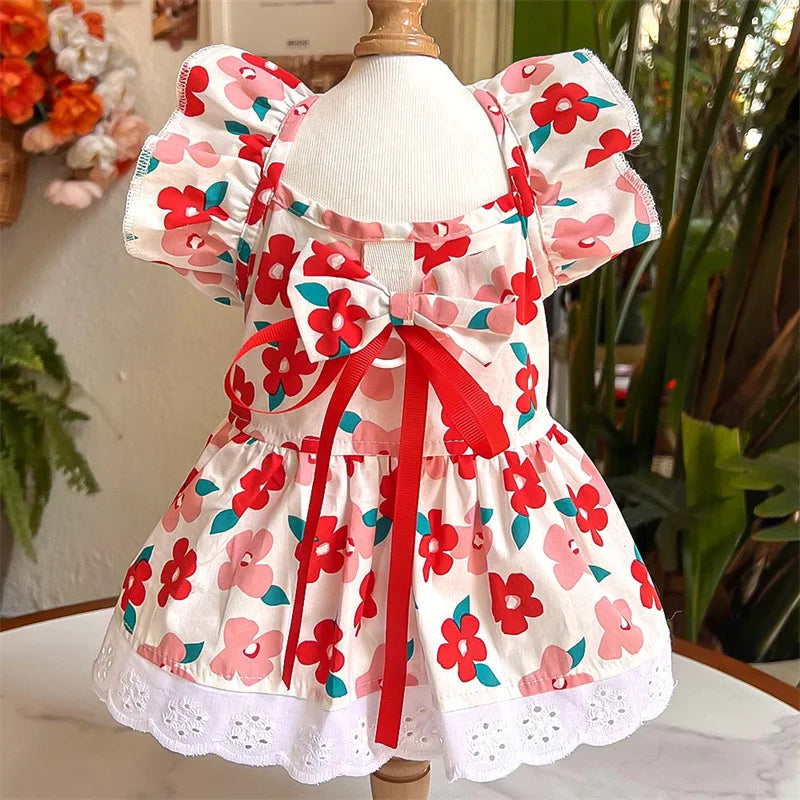 Sweet Bow Dog Cat Dress Set, Floral Lace Party Dress with Bow Tie, Cute Photoshoot Outfit for Small Medium Pets, Special Occasio