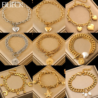 Stainless Steel Coins Heart Charm Bracelet Gold Silver Colour Wrist Chain
