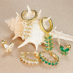 3PCS Zircon Leaf Hoop Earrings Set Stainless Steel Butterfly Studs