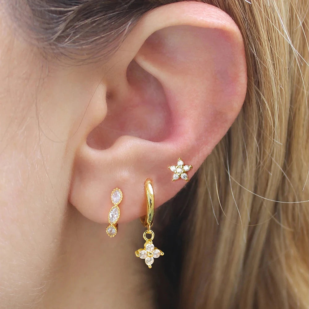 3PCS Gold Colour Chain Flower Drop Earrings Zircon Dangle Earring