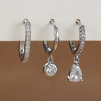 3PCS Fashion Stainless Steel Water Drop Zircon Dangle Earrings Gold Set