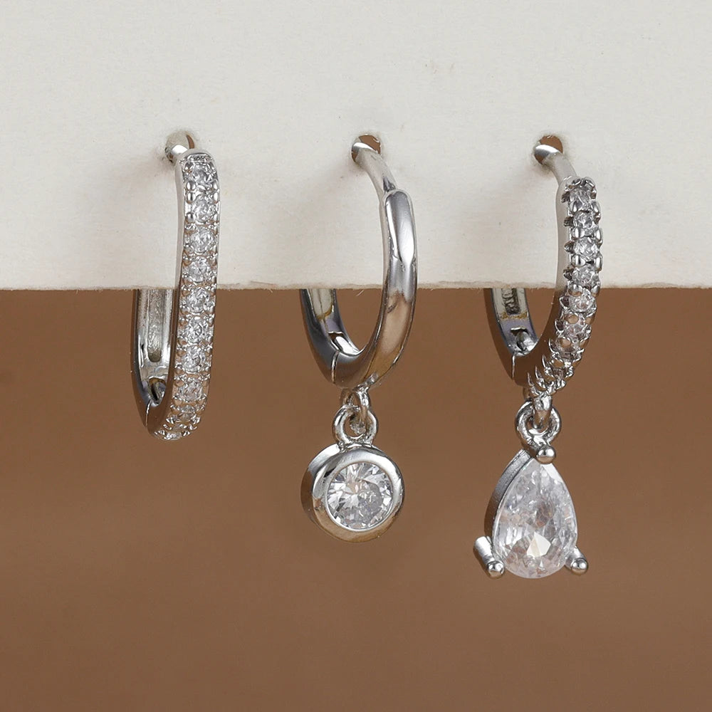 3PCS Fashion Stainless Steel Water Drop Zircon Dangle Earrings Gold Set