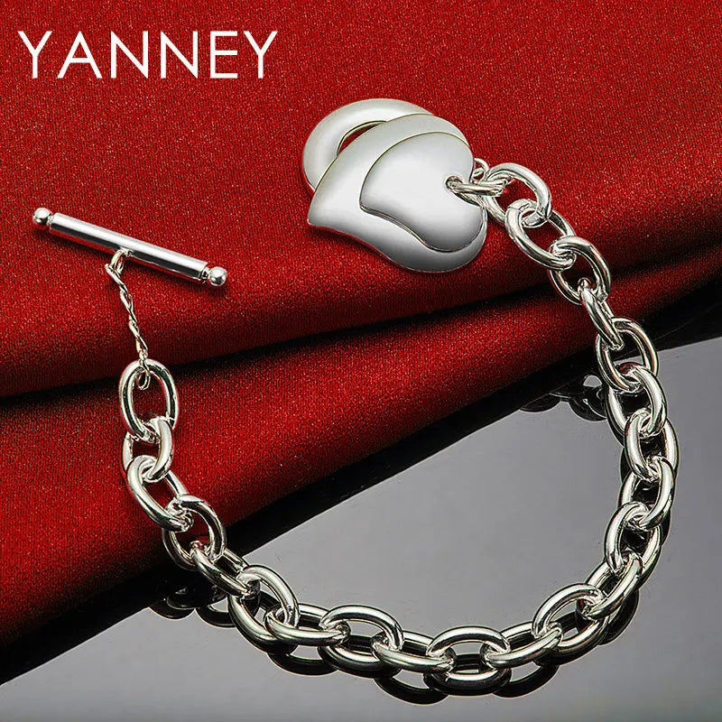 925 Sterling Silver 8-inch Double Layer Heart Bracelet Women Jewellery Gift